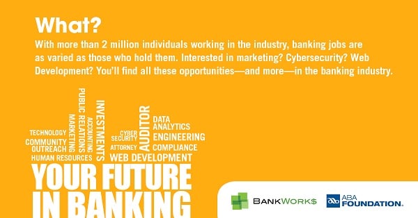 YOUR FUTURE IN BANKING - With more than 2 million individuals working in the industry, banking jobs are as varied as those who hold them. Interested in marketing? Cybersecurity? Web Development? You'll find all these opportunities-and more-in the banking industry.