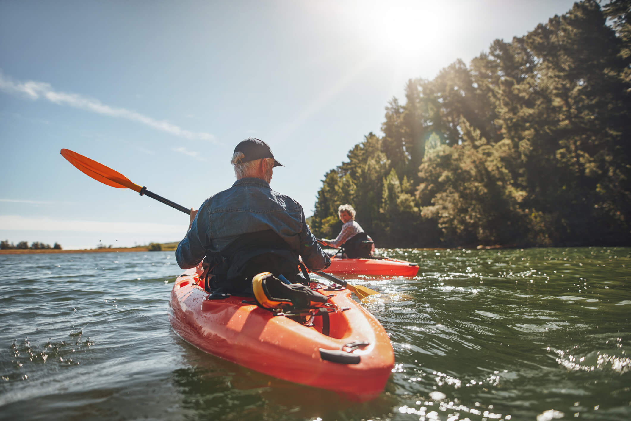 Two people kayaking in the lake on a sunny day